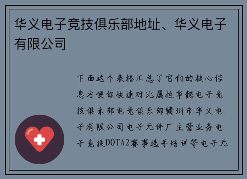 华义电子竞技俱乐部地址、华义电子有限公司